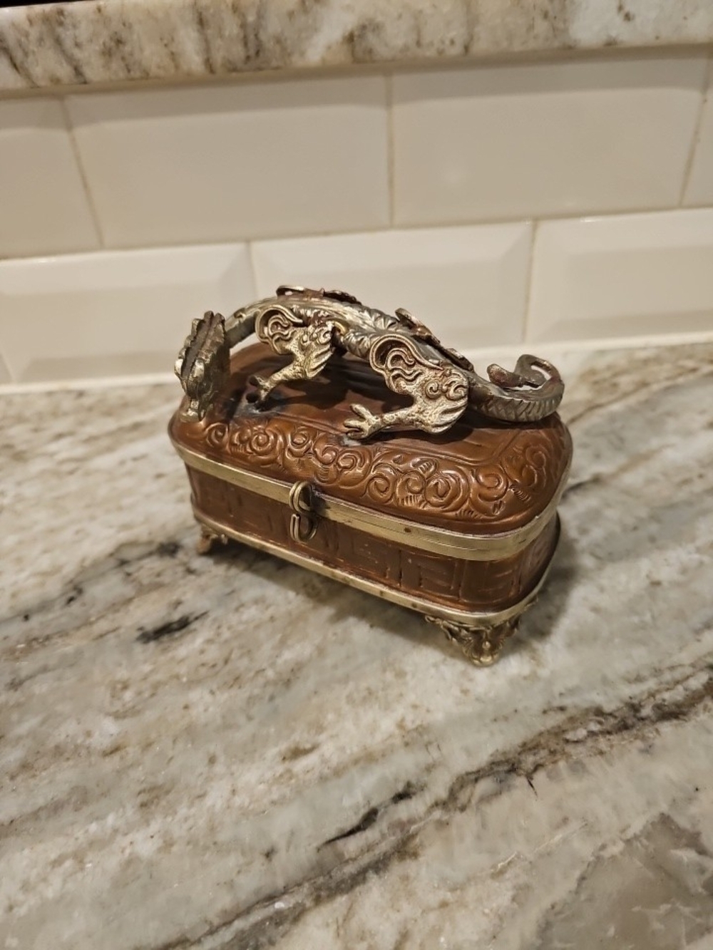 VtgOrnate Dragon Accent Jewelry Box in Bronze and Silver Brass -Patina & Copper